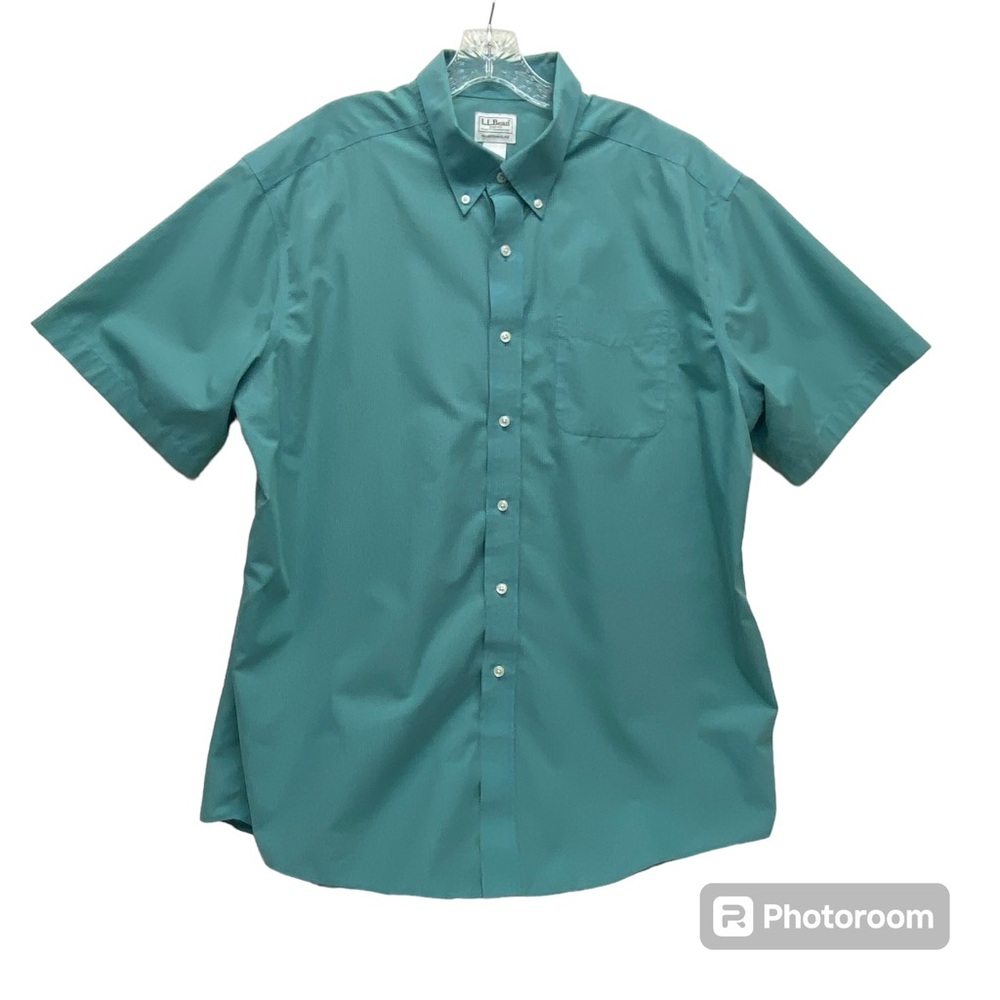 L.L. Bean Mens Short Sleeve Button Down Size XL Green Grid Pattern Casual Career